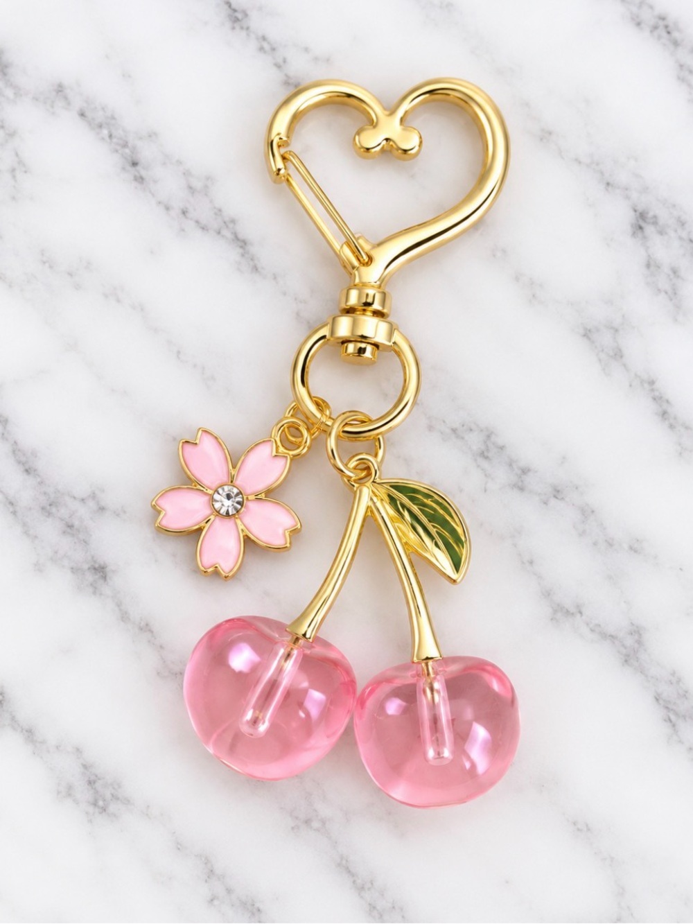 Bag Charm/Keyring-Pink Cherry & Floral Charms-Gold Hardware